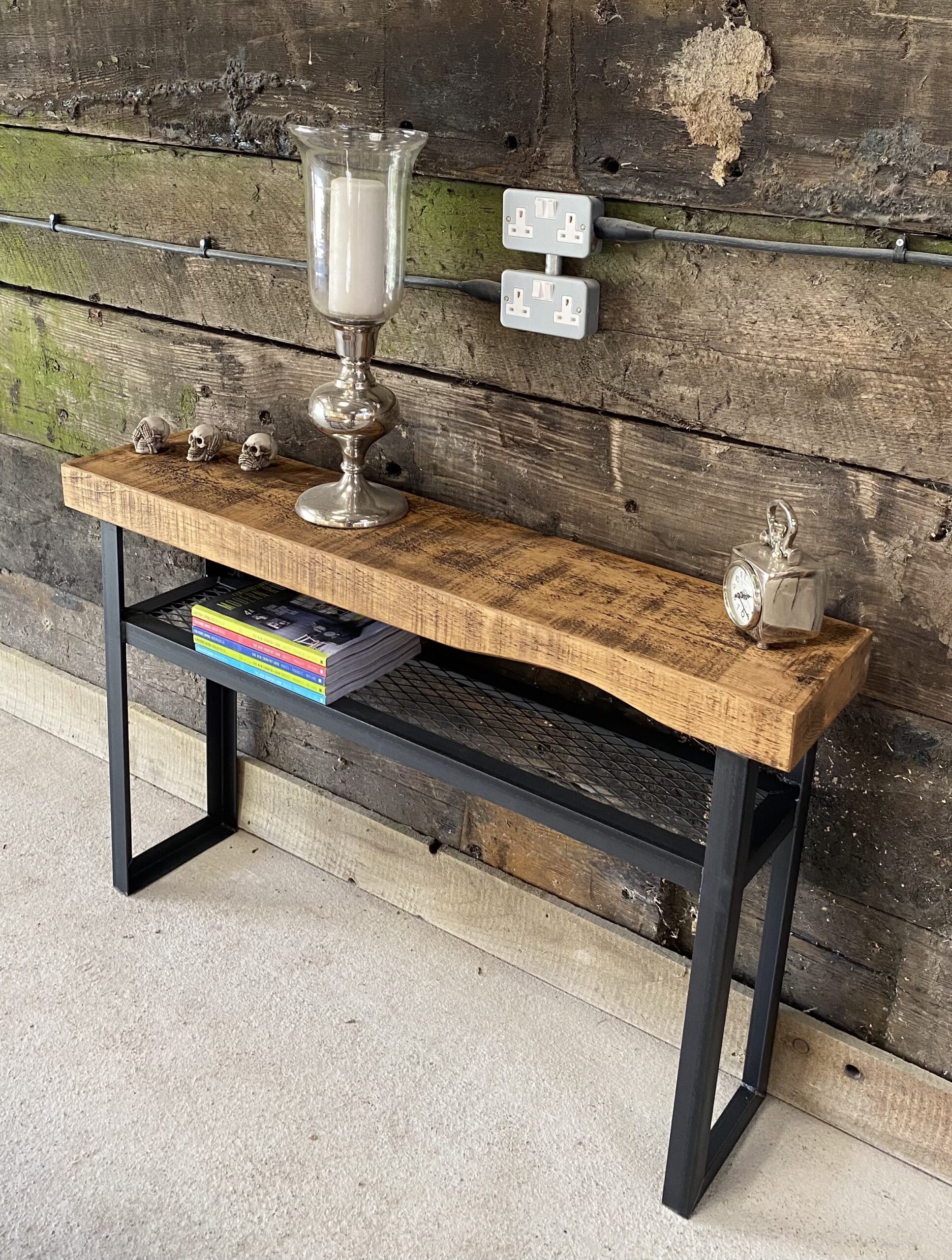 Industrial Console Table with Mesh Shelf
